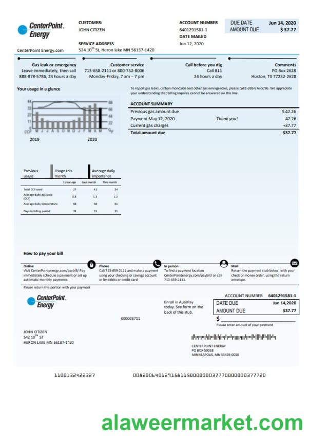 USA Texas Center Point Energy utility bill template in Word and PDF format